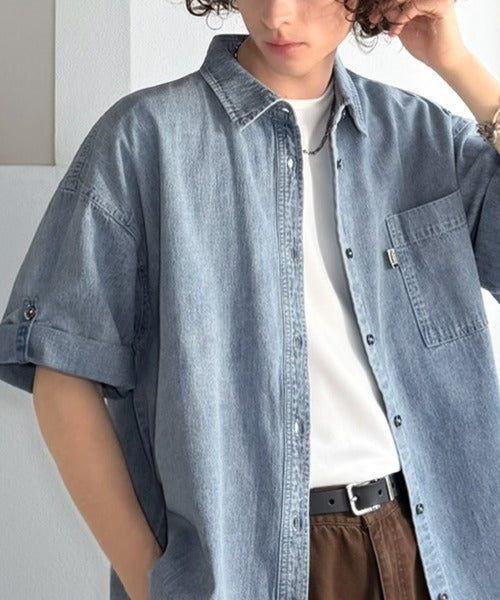 《JaVaジャバコラボ》さらっとプラス1枚の大人カジュアル♪綿100％ライトオンスデニム素材袖ロールアップシャツ（半袖） jv1265063