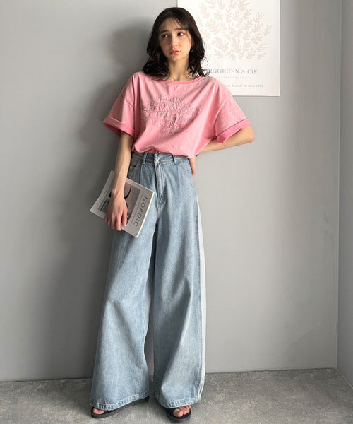 綿100%メンズライクヴィンテージウォッシュ☆前後2way刺繍ワイドネックTシャツ ce1260421