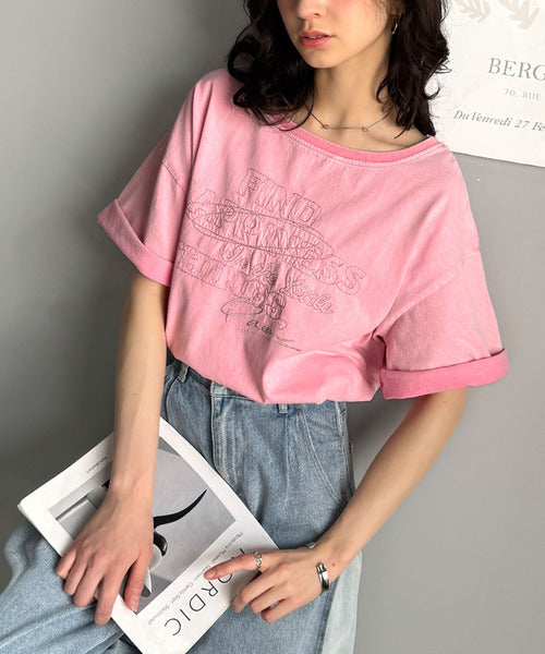 綿100%メンズライクヴィンテージウォッシュ☆前後2way刺繍ワイドネックTシャツ ce1260421