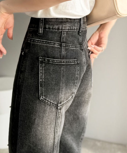 【mily bilet】カジュアルにきらめきを。パールビジューワイドストレートデニムパンツ mi1419001