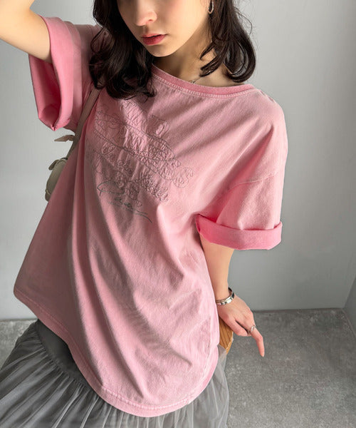 綿100%メンズライクヴィンテージウォッシュ☆前後2way刺繍ワイドネックTシャツ ce1260421