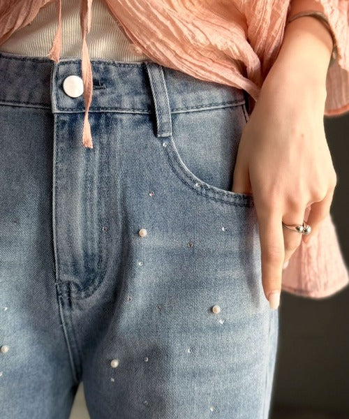 【mily bilet】カジュアルにきらめきを。パールビジューワイドストレートデニムパンツ mi1419001