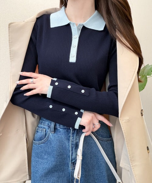 【mily bilet】トレンドの襟付きデザインで洗練されたスタイルに♪金縁ボタン使いリブポロニット（長袖） mi1029162