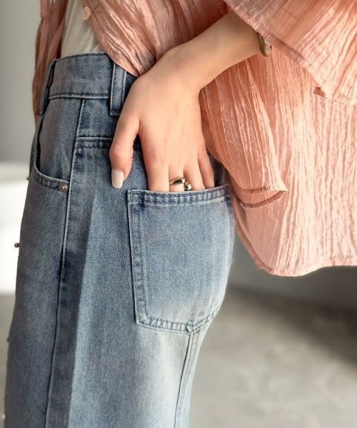 【mily bilet】カジュアルにきらめきを。パールビジューワイドストレートデニムパンツ mi1419001