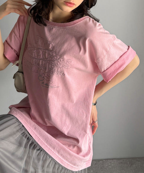 綿100%メンズライクヴィンテージウォッシュ☆前後2way刺繍ワイドネックTシャツ ce1260421