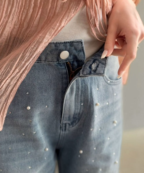【mily bilet】カジュアルにきらめきを。パールビジューワイドストレートデニムパンツ mi1419001