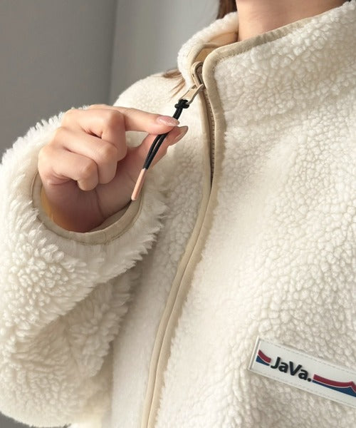 《JaVaジャバコラボ》ほっこり可愛い♪大人のもこもこボア切り替えスタンドネックブルゾン(ミドル丈) jv1265093