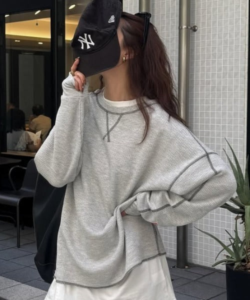 《JaVaジャバ 別注》シンプルなのに格上げ。2way配色ワッフルロンTee jv1260065