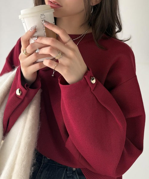 ゆったりなのに上品でキチンと見え。ミラノリブ袖先ゴールドボタンプルオーバー ce1050331