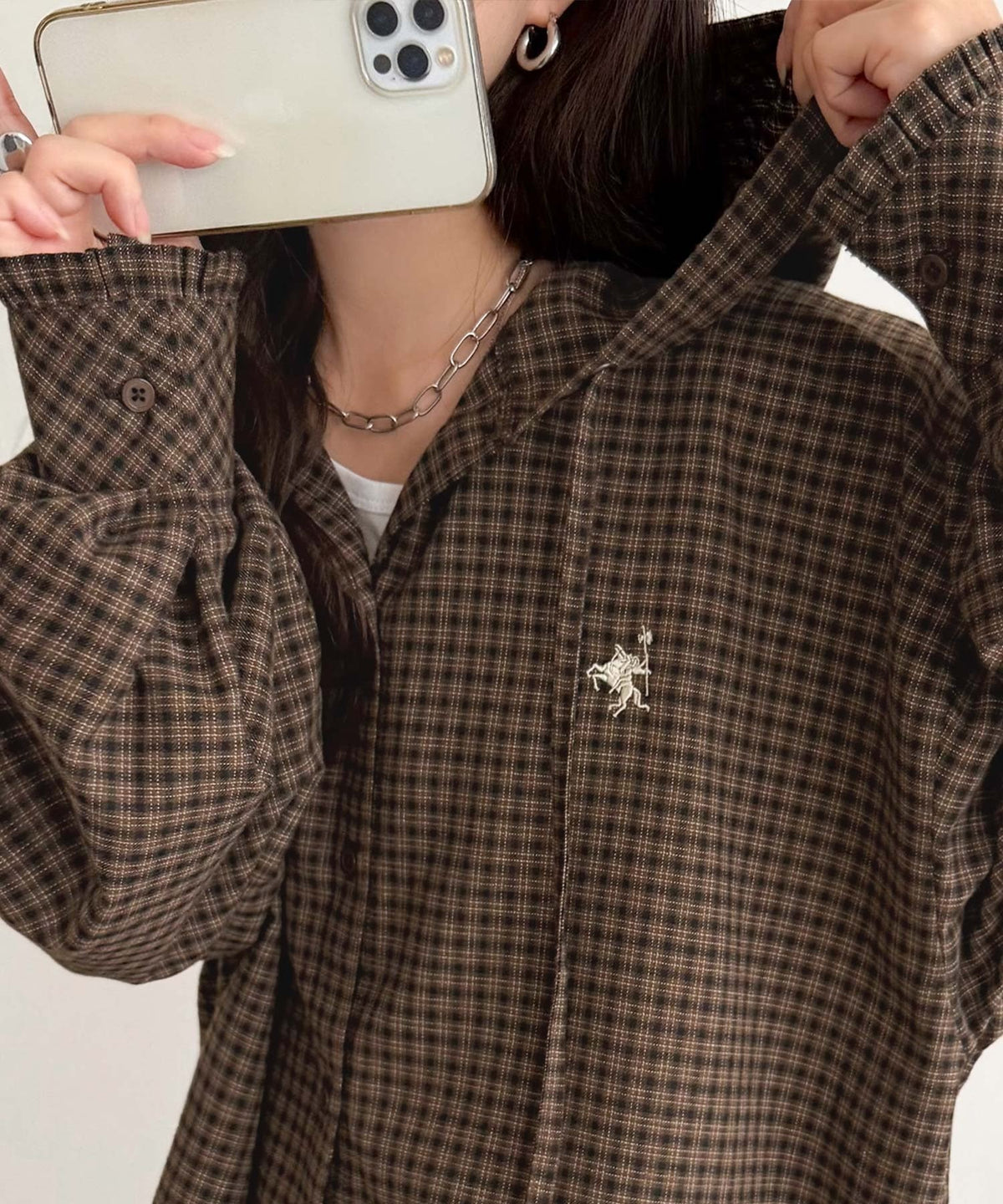 袖口フリルが最旬。胸刺繍入り起毛チェック柄フーディーシャツ（長袖） ce1010665