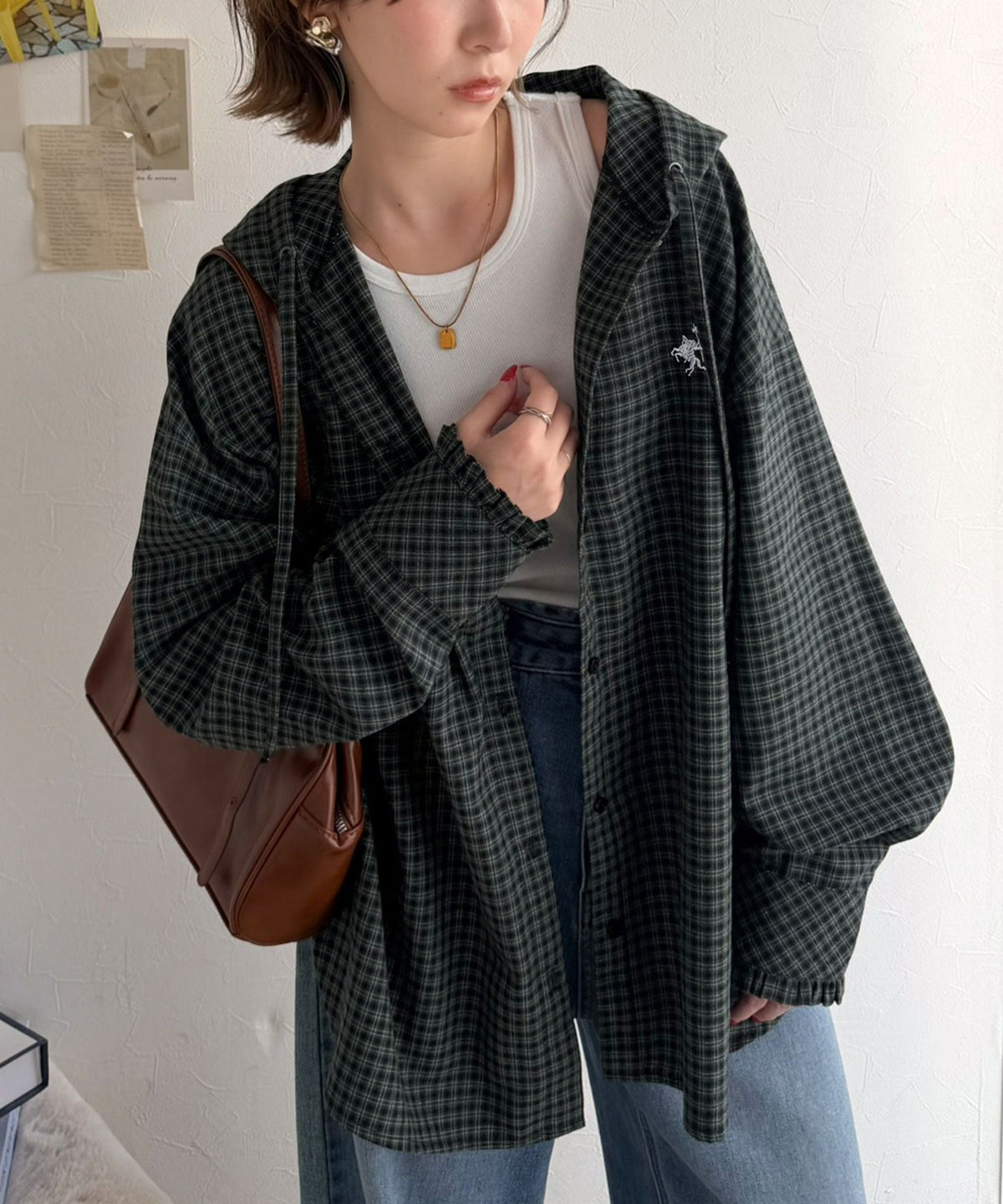 袖口フリルが最旬。胸刺繍入り起毛チェック柄フーディーシャツ（長袖） ce1010665