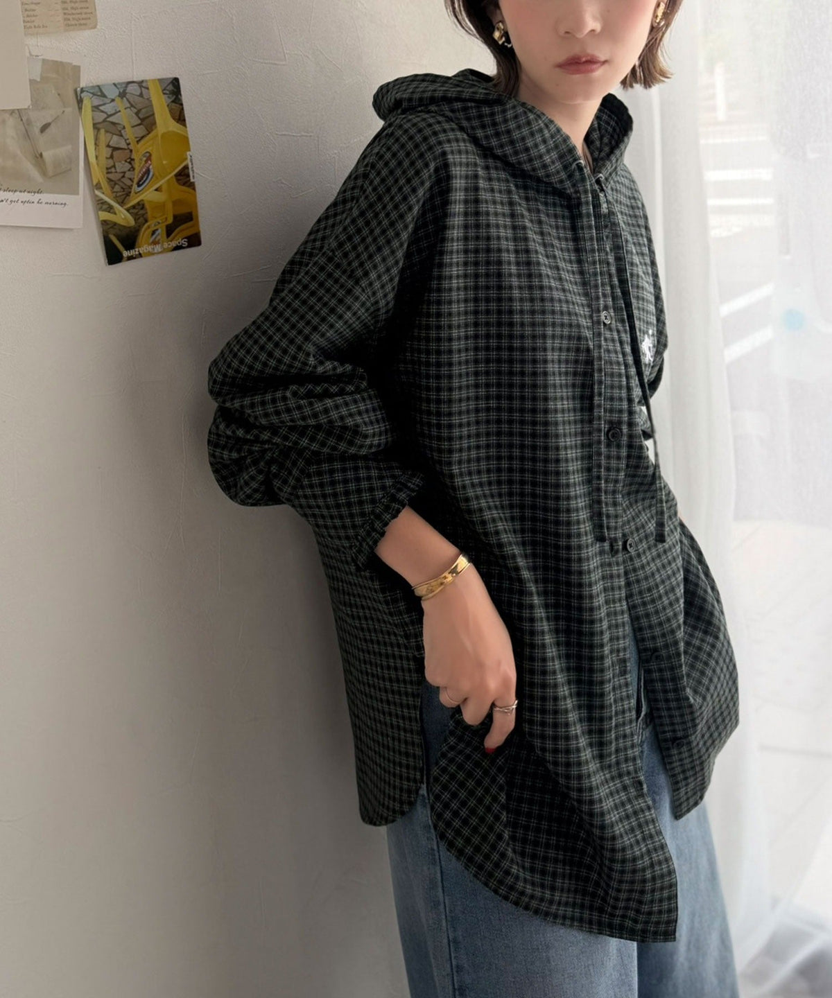 袖口フリルが最旬。胸刺繍入り起毛チェック柄フーディーシャツ（長袖） ce1010665