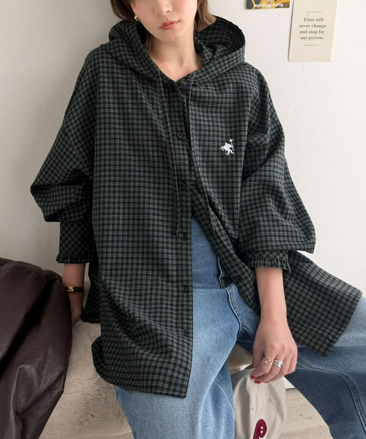 袖口フリルが最旬。胸刺繍入り起毛チェック柄フーディーシャツ（長袖） ce1010665
