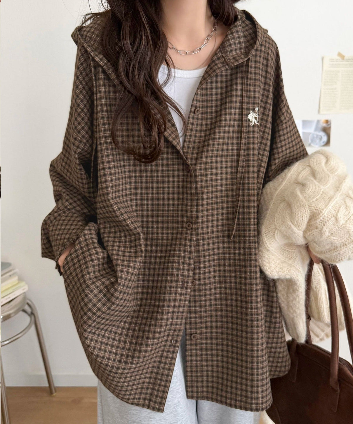 袖口フリルが最旬。胸刺繍入り起毛チェック柄フーディーシャツ（長袖） ce1010665