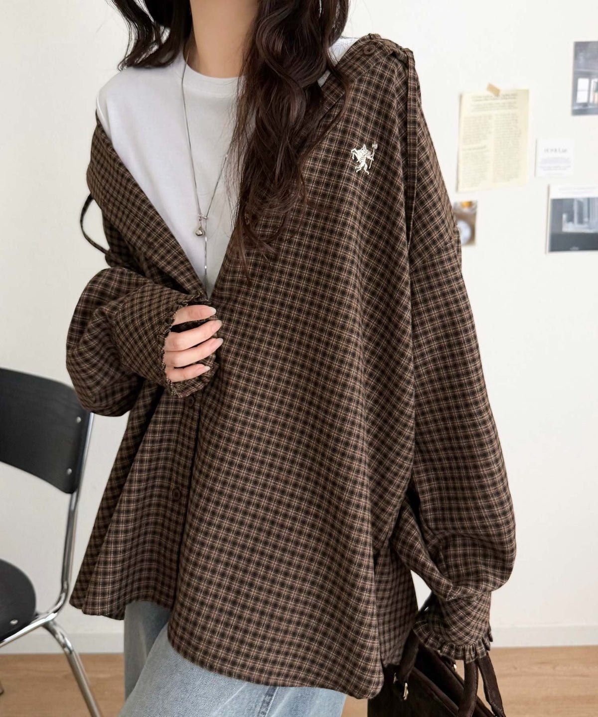 袖口フリルが最旬。胸刺繍入り起毛チェック柄フーディーシャツ（長袖） ce1010665
