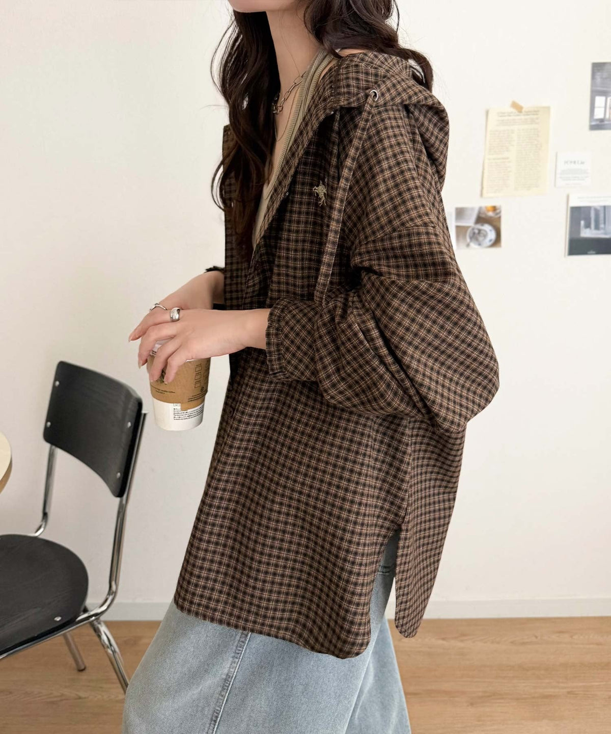 袖口フリルが最旬。胸刺繍入り起毛チェック柄フーディーシャツ（長袖） ce1010665