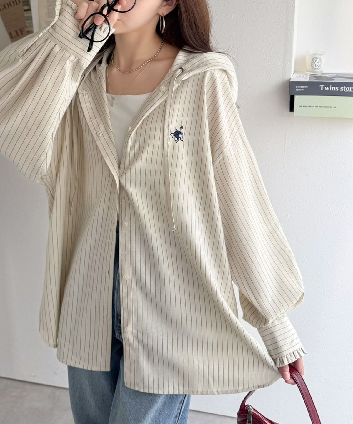 袖口フリルが最旬。胸刺繍入り起毛チェック柄フーディーシャツ（長袖） ce1010665