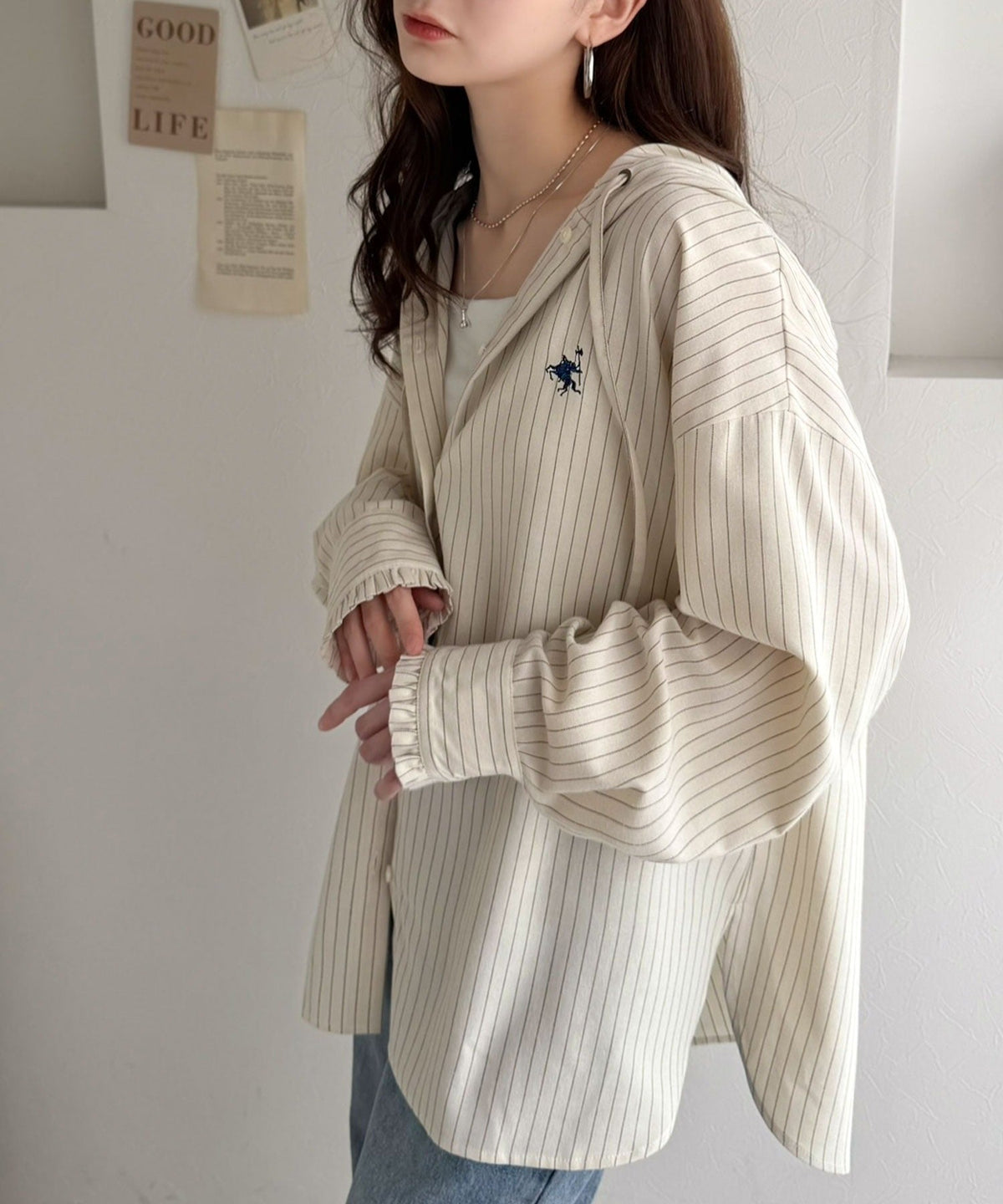 袖口フリルが最旬。胸刺繍入り起毛チェック柄フーディーシャツ（長袖） ce1010665