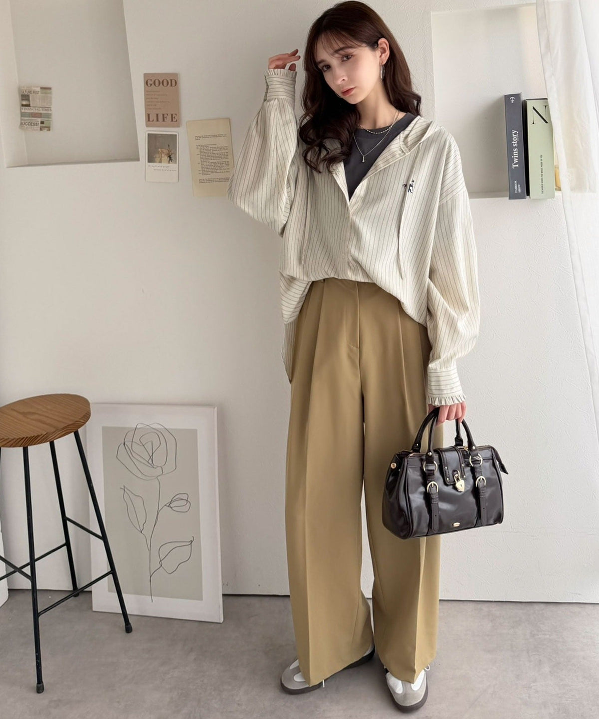 袖口フリルが最旬。胸刺繍入り起毛チェック柄フーディーシャツ（長袖） ce1010665