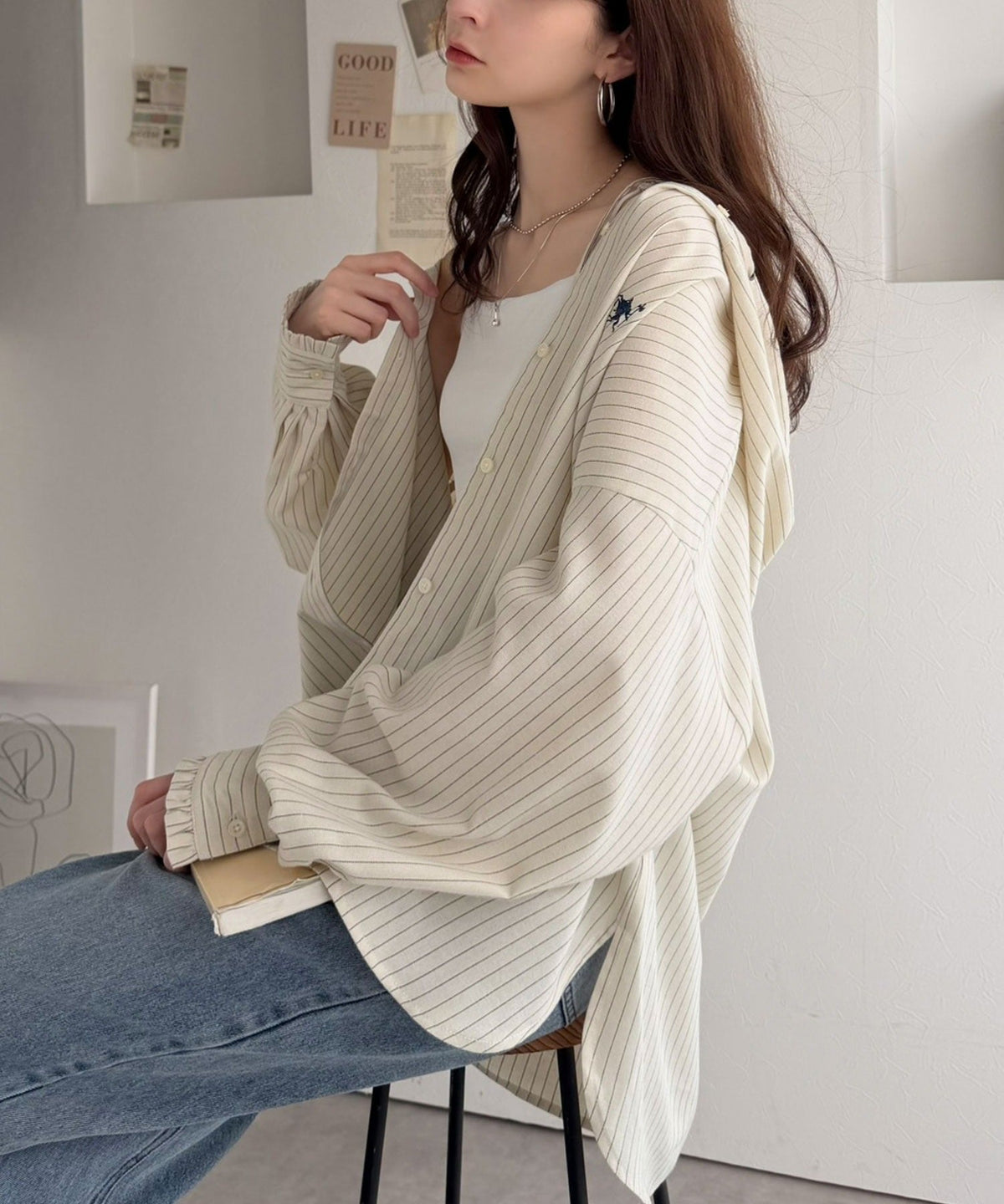 袖口フリルが最旬。胸刺繍入り起毛チェック柄フーディーシャツ（長袖） ce1010665