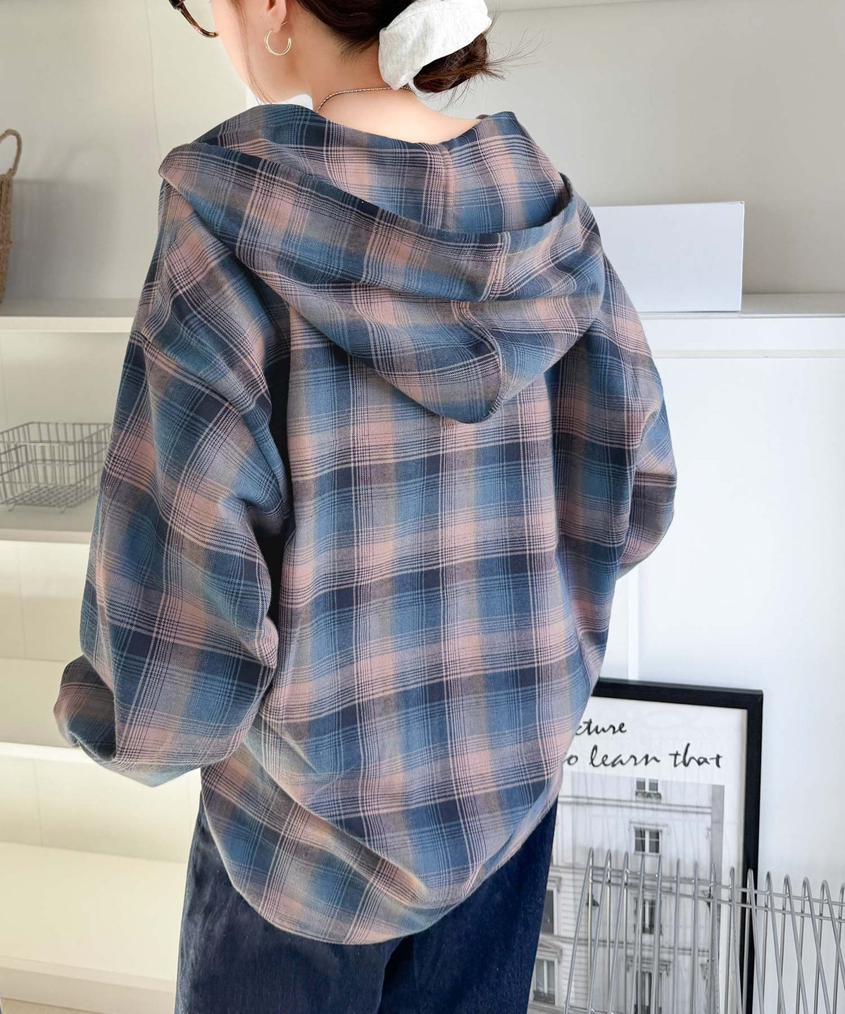 袖口フリルが最旬。胸刺繍入り起毛チェック柄フーディーシャツ（長袖） ce1010665
