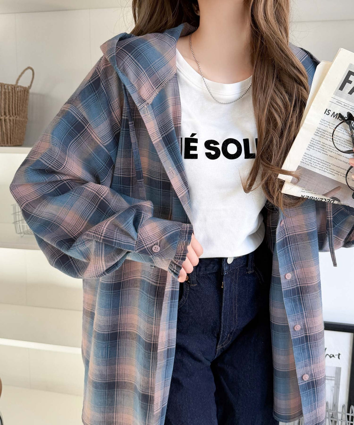 袖口フリルが最旬。胸刺繍入り起毛チェック柄フーディーシャツ（長袖） ce1010665