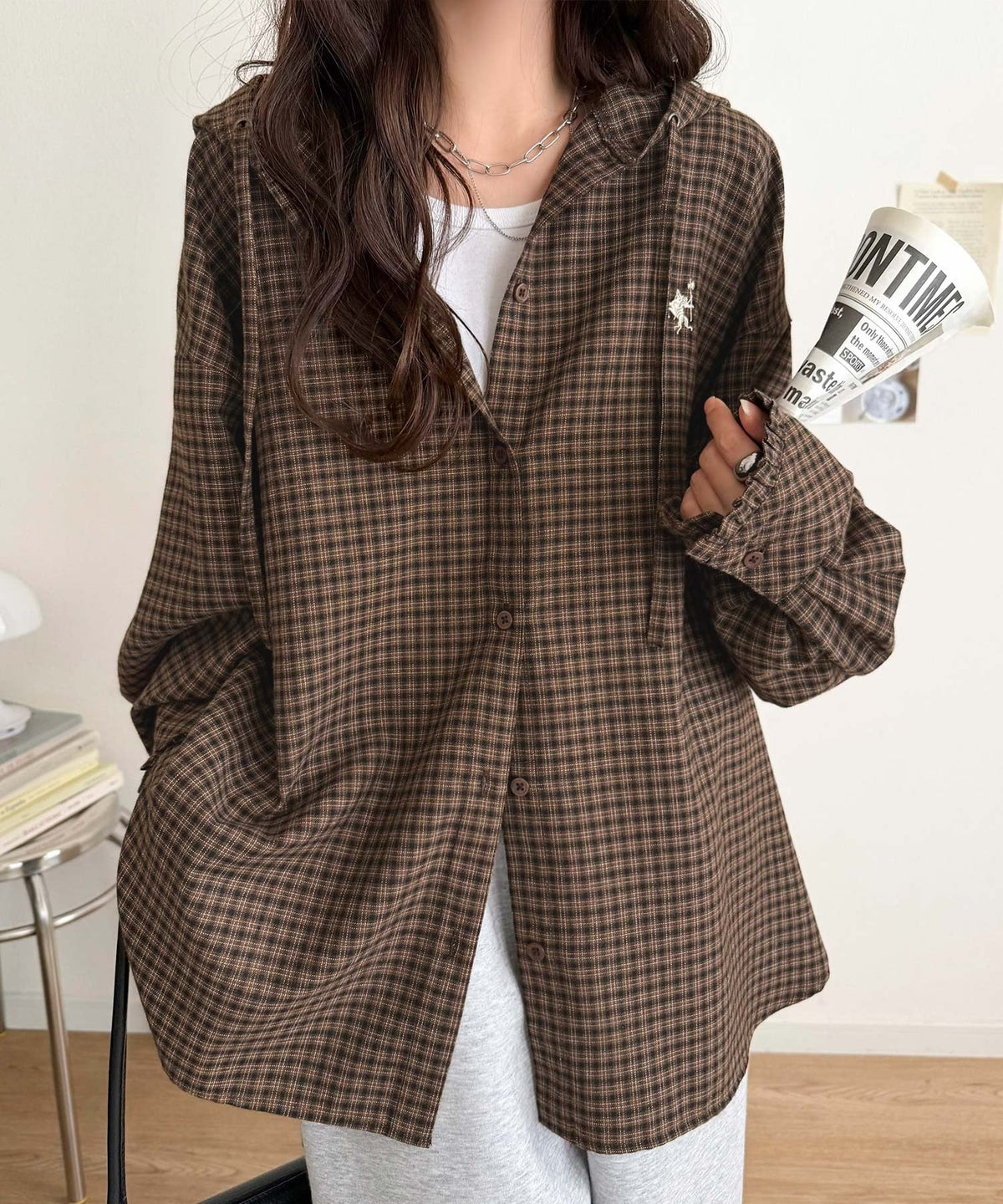 袖口フリルが最旬。胸刺繍入り起毛チェック柄フーディーシャツ（長袖） ce1010665