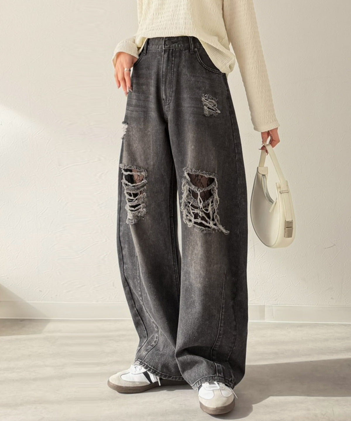 レースにキュン！ラフに攻めて。綿100％ レース付きダメージデニムカーブパンツ ce1015098