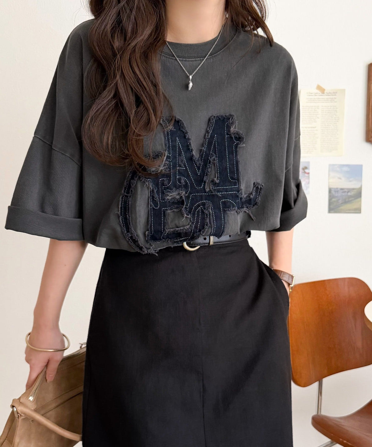 【mily bilet】いつものカジュアルに、遊びをひとさじ。デニムフリンジワッペン使いコットン100%オーバーサイズTシャツ（半袖） mi1329086