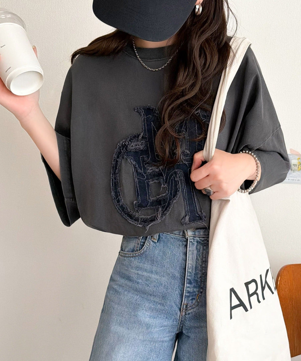 【mily bilet】いつものカジュアルに、遊びをひとさじ。デニムフリンジワッペン使いコットン100%オーバーサイズTシャツ（半袖） mi1329086