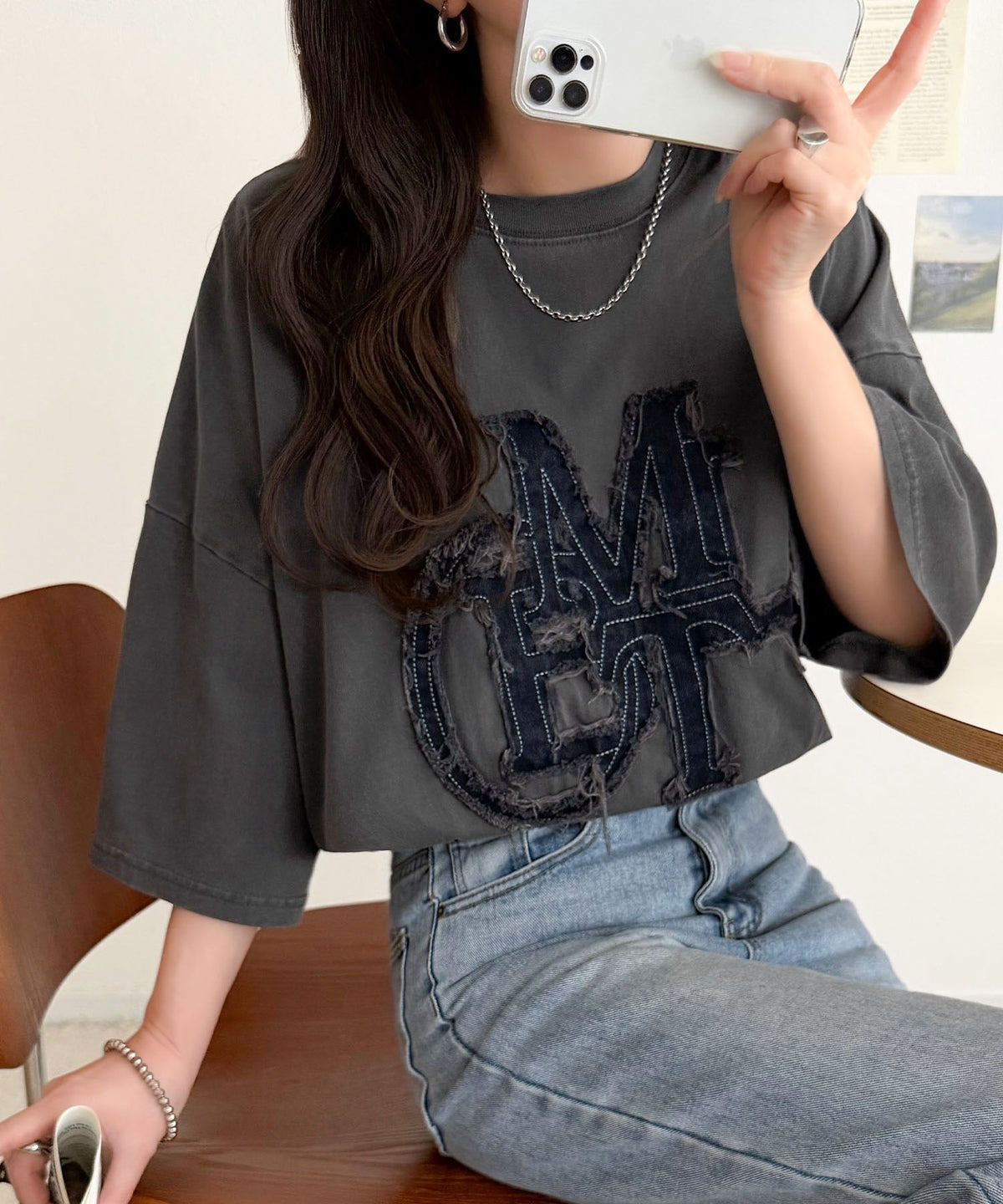 【mily bilet】いつものカジュアルに、遊びをひとさじ。デニムフリンジワッペン使いコットン100%オーバーサイズTシャツ（半袖） mi1329086