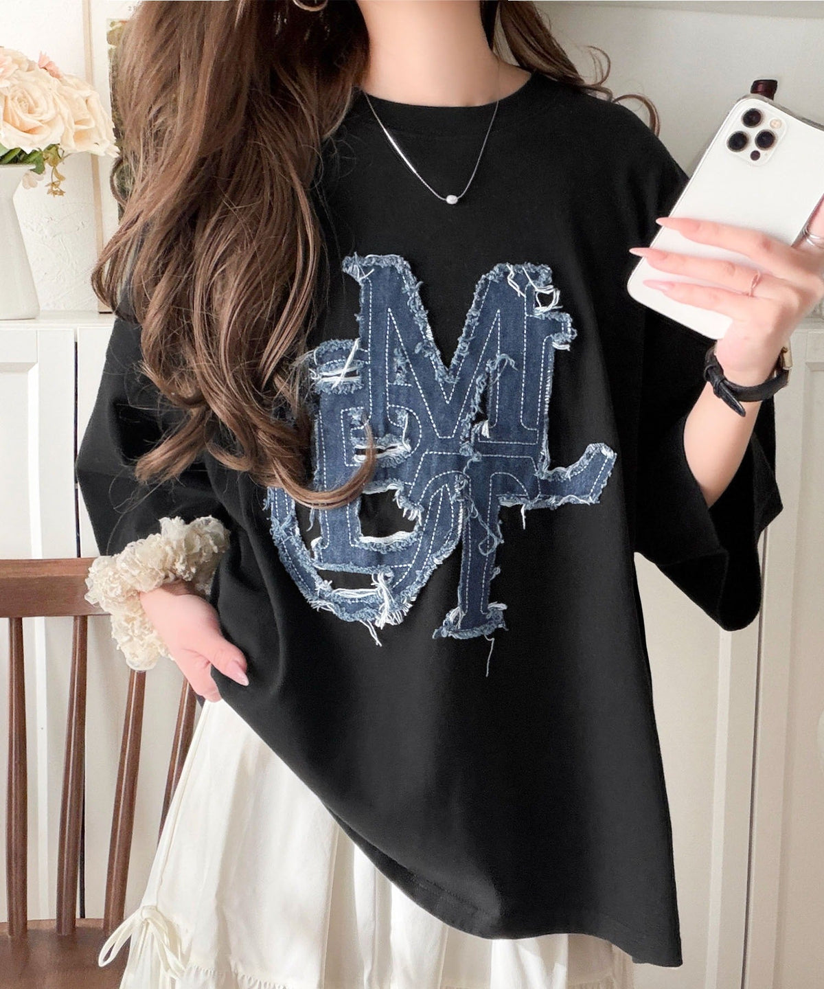 【mily bilet】いつものカジュアルに、遊びをひとさじ。デニムフリンジワッペン使いコットン100%オーバーサイズTシャツ（半袖） mi1329086