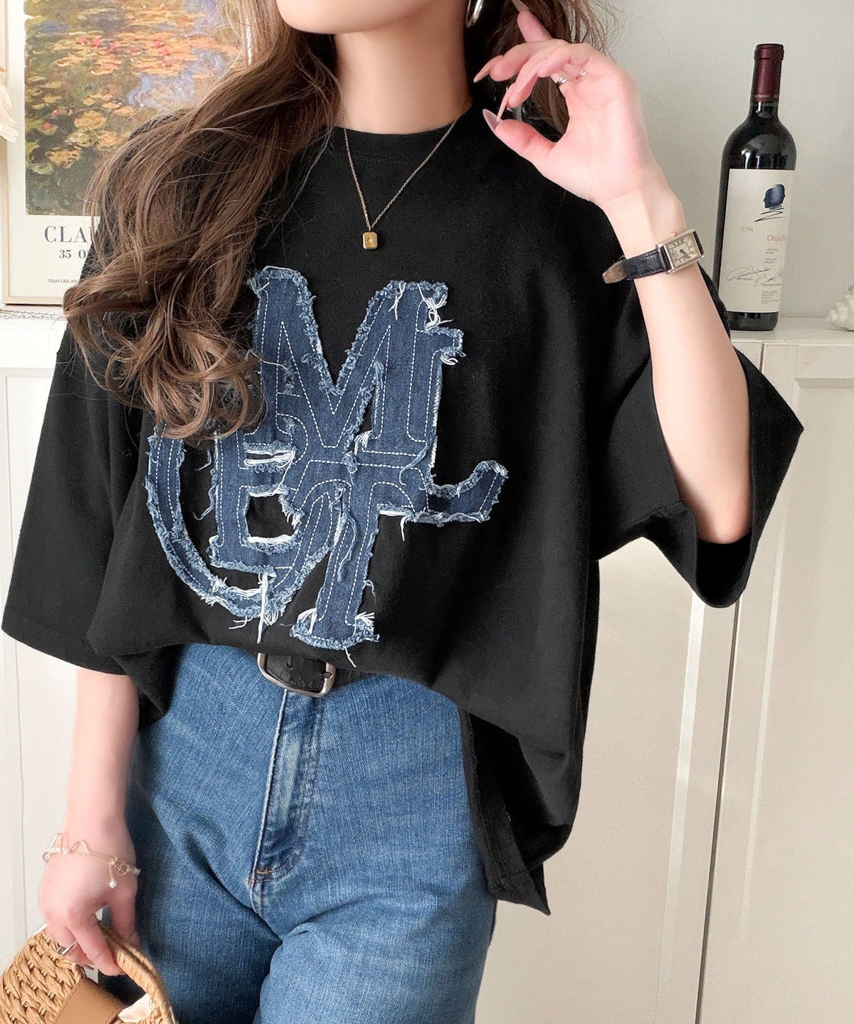 【mily bilet】いつものカジュアルに、遊びをひとさじ。デニムフリンジワッペン使いコットン100%オーバーサイズTシャツ（半袖） mi1329086