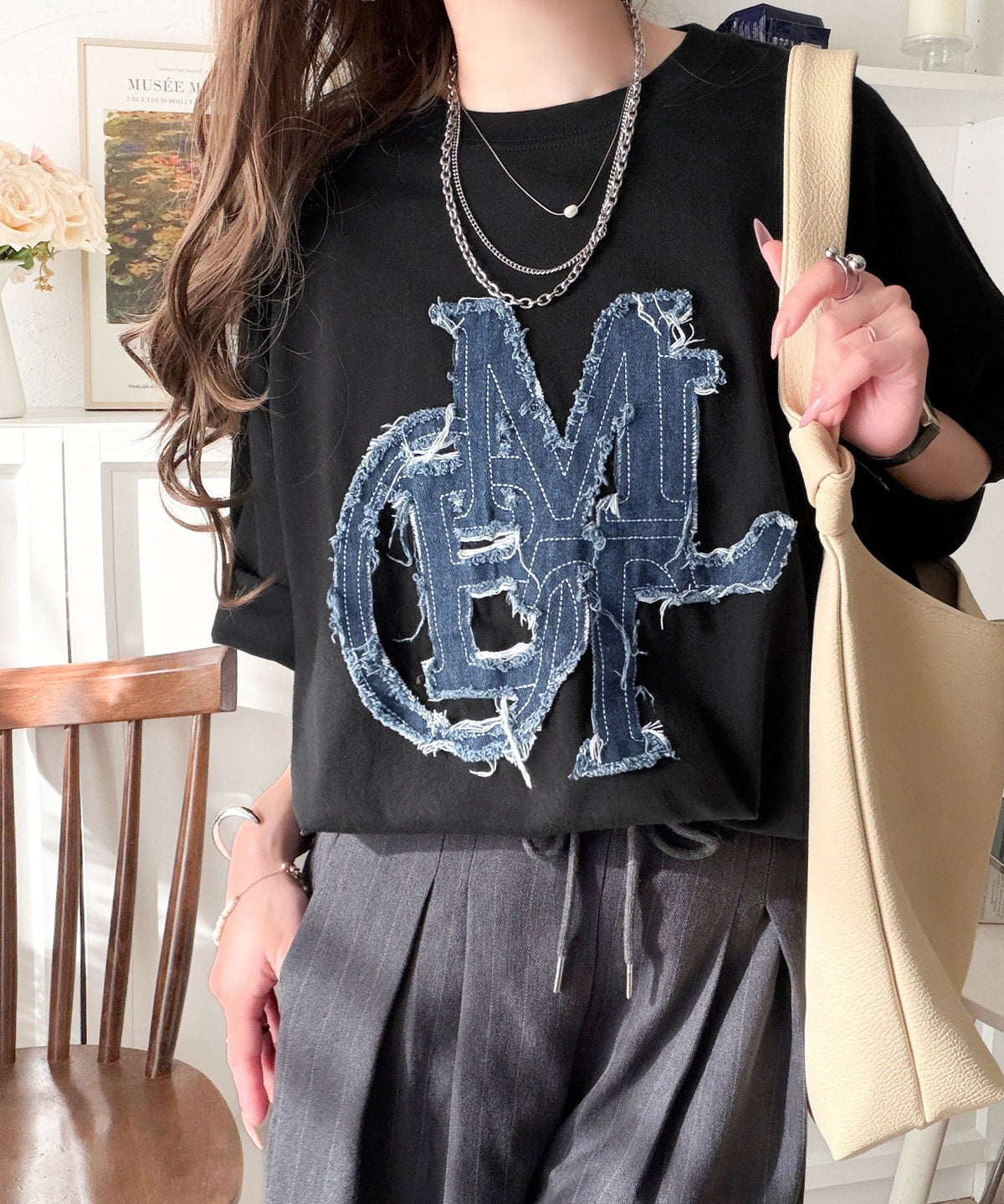 【mily bilet】いつものカジュアルに、遊びをひとさじ。デニムフリンジワッペン使いコットン100%オーバーサイズTシャツ（半袖） mi1329086