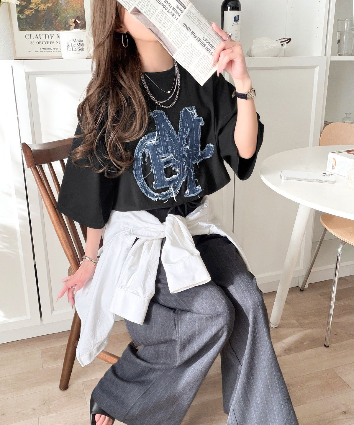 【mily bilet】いつものカジュアルに、遊びをひとさじ。デニムフリンジワッペン使いコットン100%オーバーサイズTシャツ（半袖） mi1329086