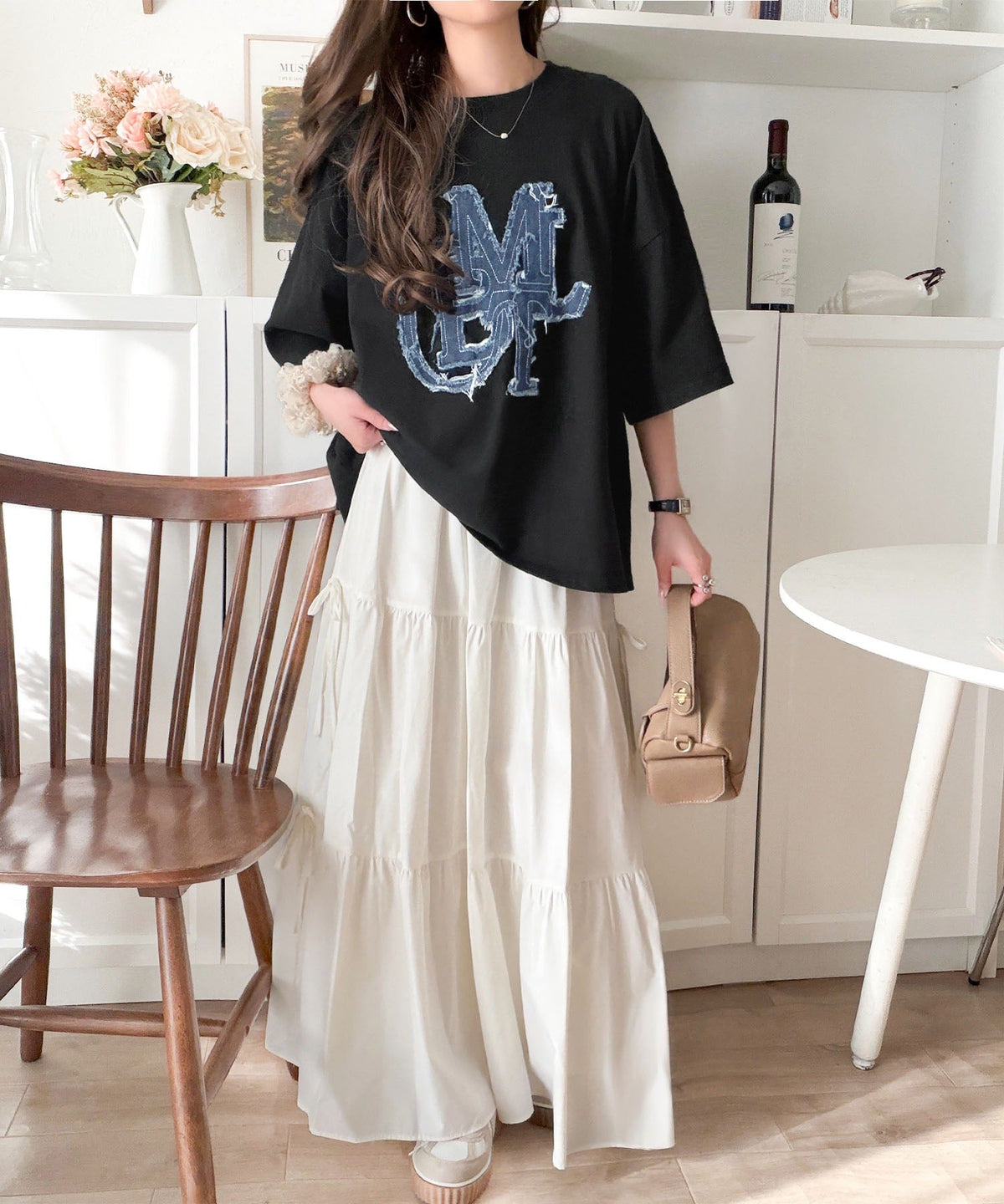 【mily bilet】いつものカジュアルに、遊びをひとさじ。デニムフリンジワッペン使いコットン100%オーバーサイズTシャツ（半袖） mi1329086