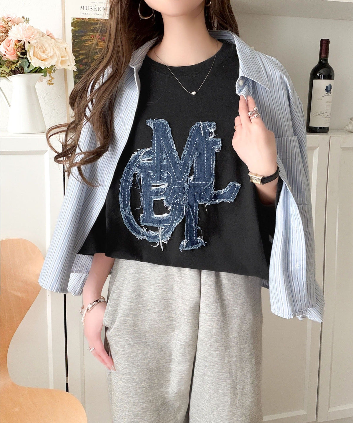 【mily bilet】いつものカジュアルに、遊びをひとさじ。デニムフリンジワッペン使いコットン100%オーバーサイズTシャツ（半袖） mi1329086