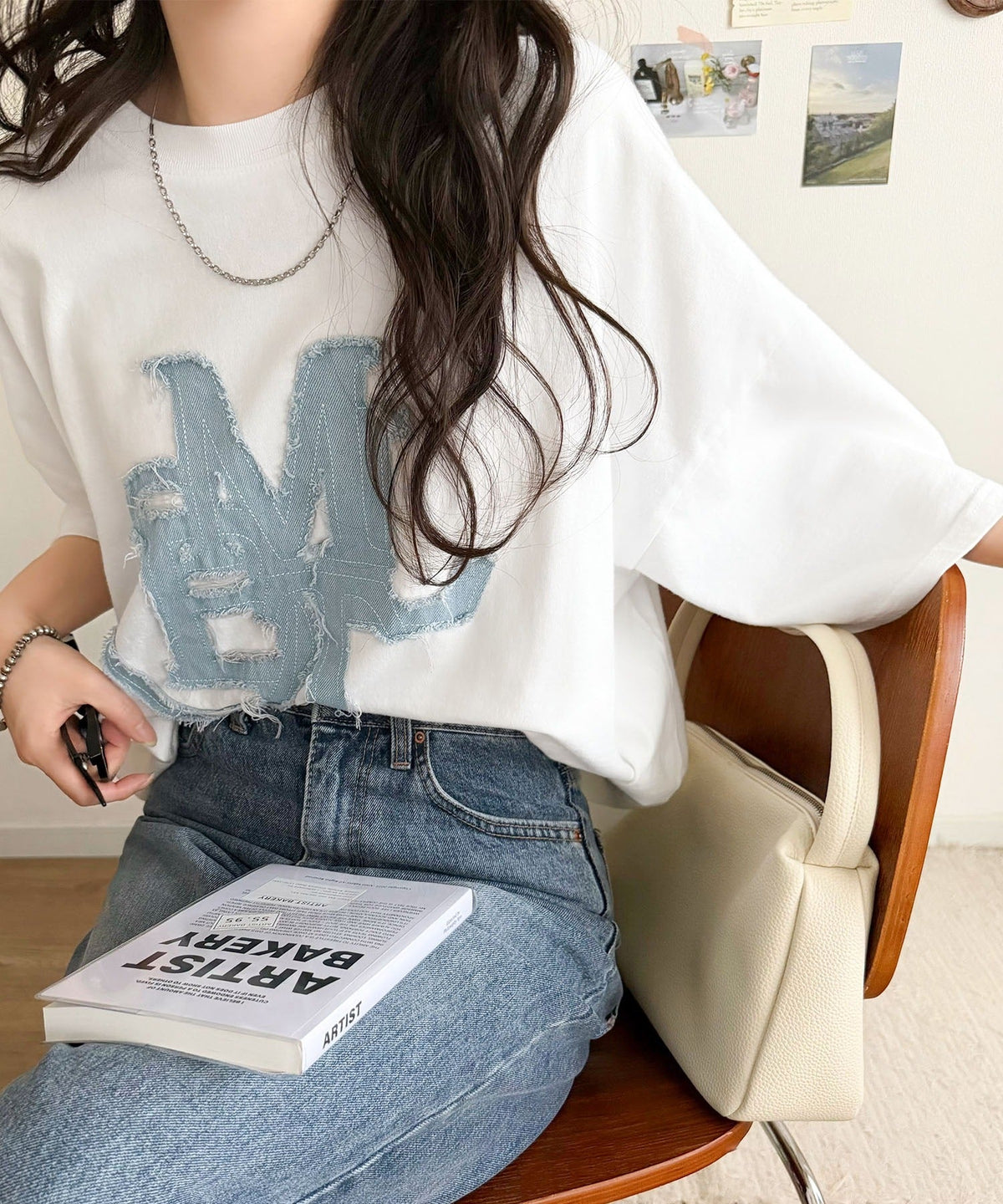 【mily bilet】いつものカジュアルに、遊びをひとさじ。デニムフリンジワッペン使いコットン100%オーバーサイズTシャツ（半袖） mi1329086