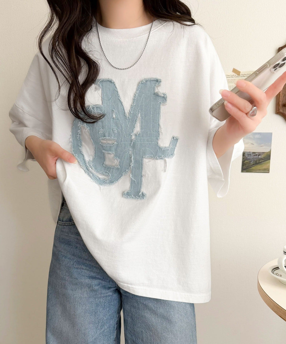 【mily bilet】いつものカジュアルに、遊びをひとさじ。デニムフリンジワッペン使いコットン100%オーバーサイズTシャツ（半袖） mi1329086