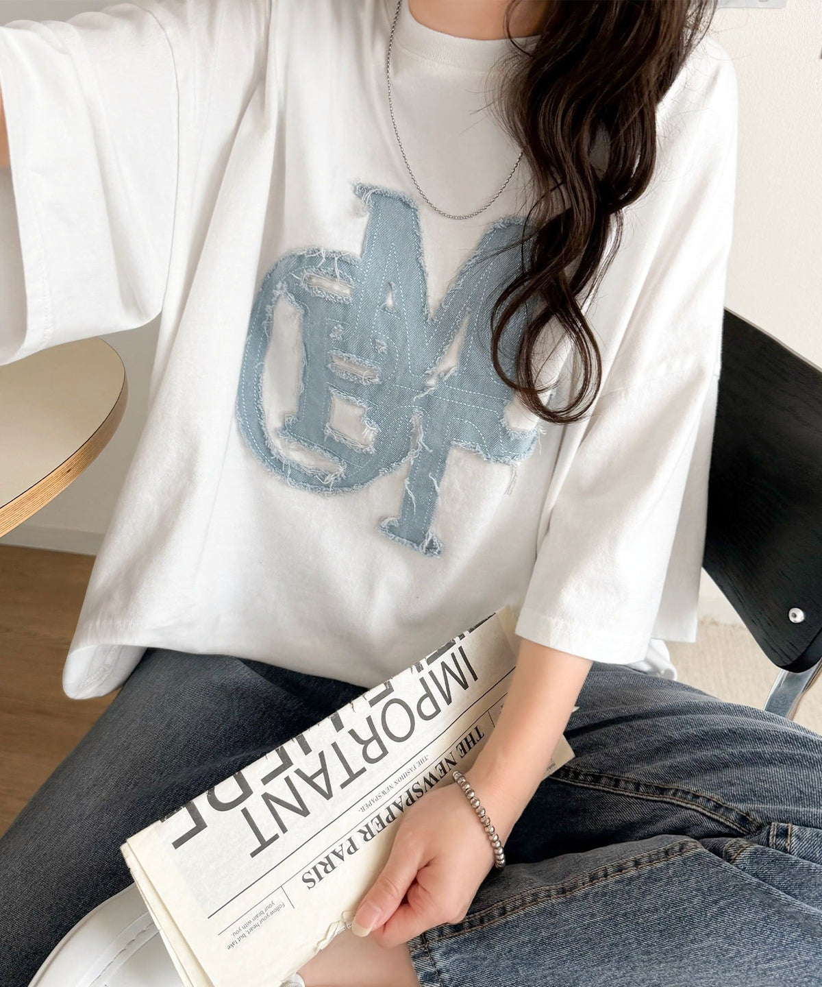 【mily bilet】いつものカジュアルに、遊びをひとさじ。デニムフリンジワッペン使いコットン100%オーバーサイズTシャツ（半袖） mi1329086