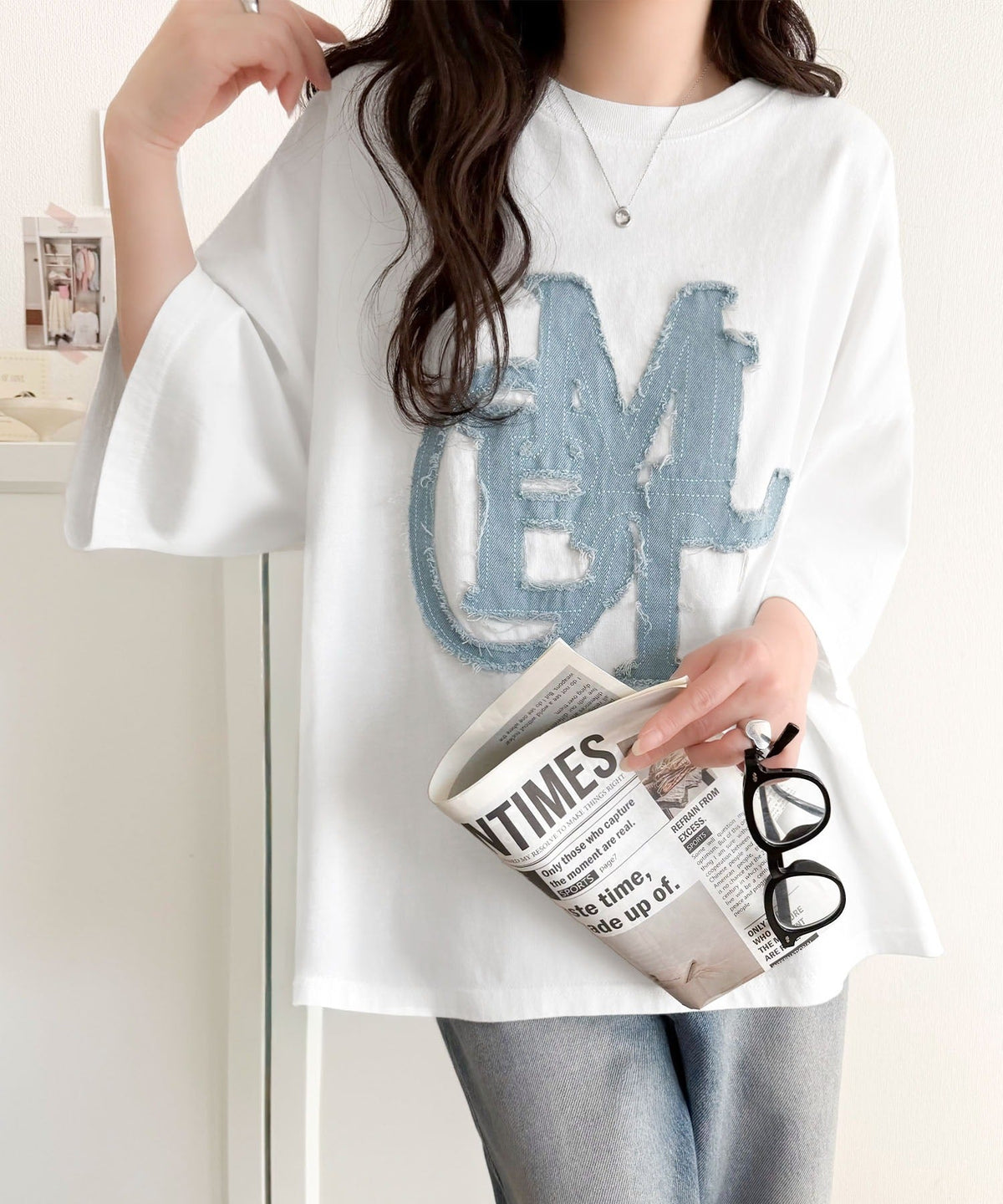 【mily bilet】いつものカジュアルに、遊びをひとさじ。デニムフリンジワッペン使いコットン100%オーバーサイズTシャツ（半袖） mi1329086