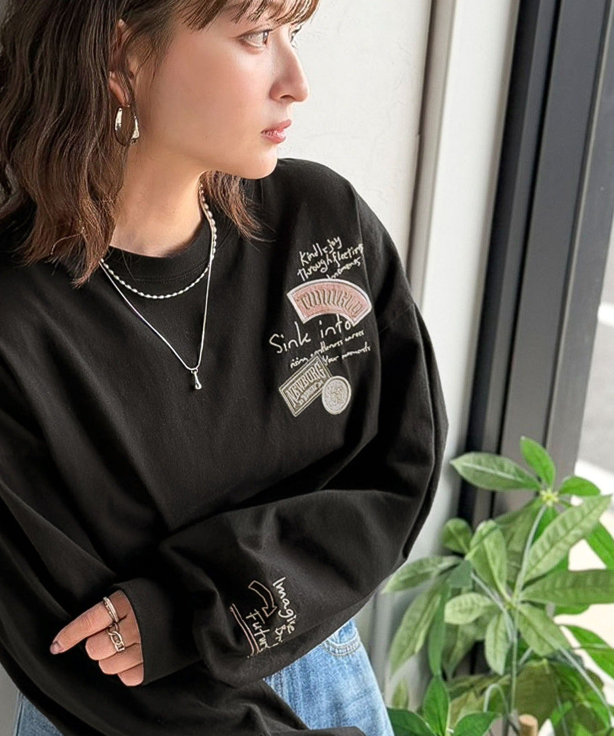 ゆるさの中に「ちょうどいい」お洒落感！綿100％刺繍ワッペンドルマンロンTEE（長袖） ce1260619