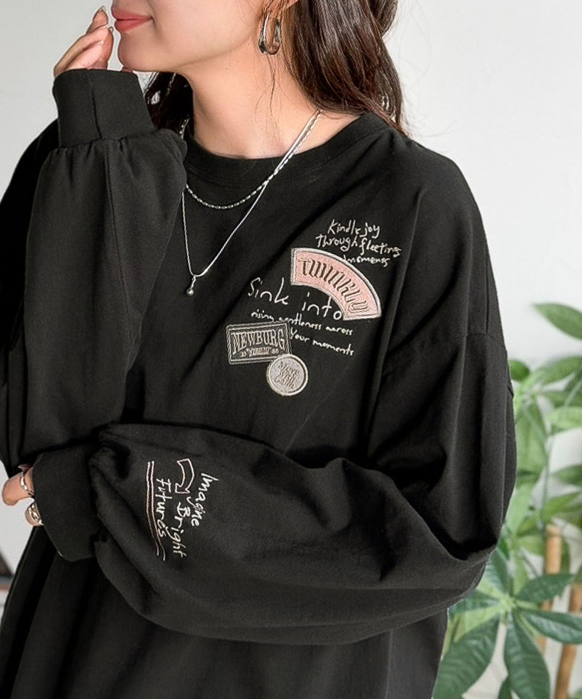 ゆるさの中に「ちょうどいい」お洒落感！綿100％刺繍ワッペンドルマンロンTEE（長袖） ce1260619
