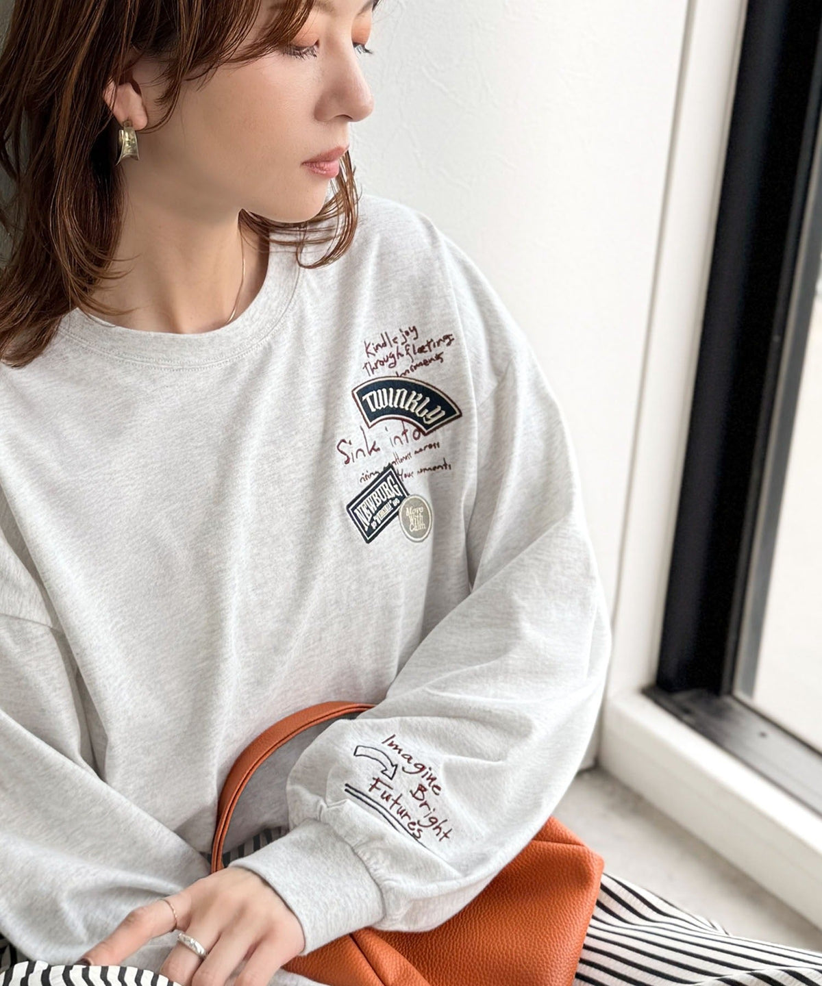 ゆるさの中に「ちょうどいい」お洒落感！綿100％刺繍ワッペンドルマンロンTEE（長袖） ce1260619