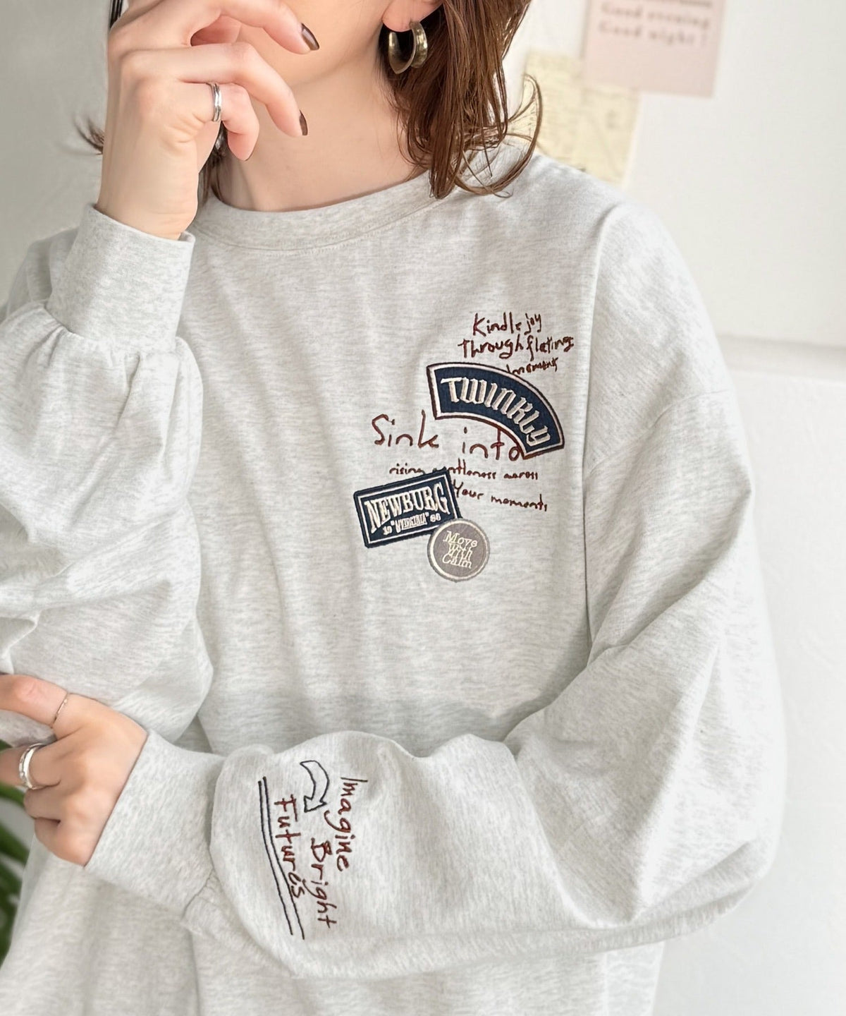 ゆるさの中に「ちょうどいい」お洒落感！綿100％刺繍ワッペンドルマンロンTEE（長袖） ce1260619