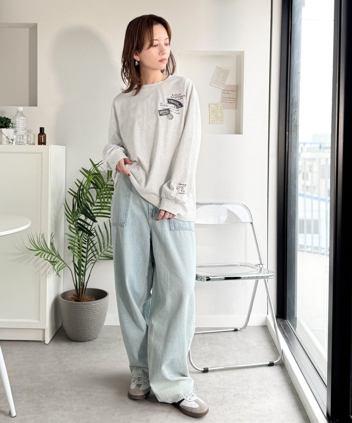 ゆるさの中に「ちょうどいい」お洒落感！綿100％刺繍ワッペンドルマンロンTEE（長袖） ce1260619