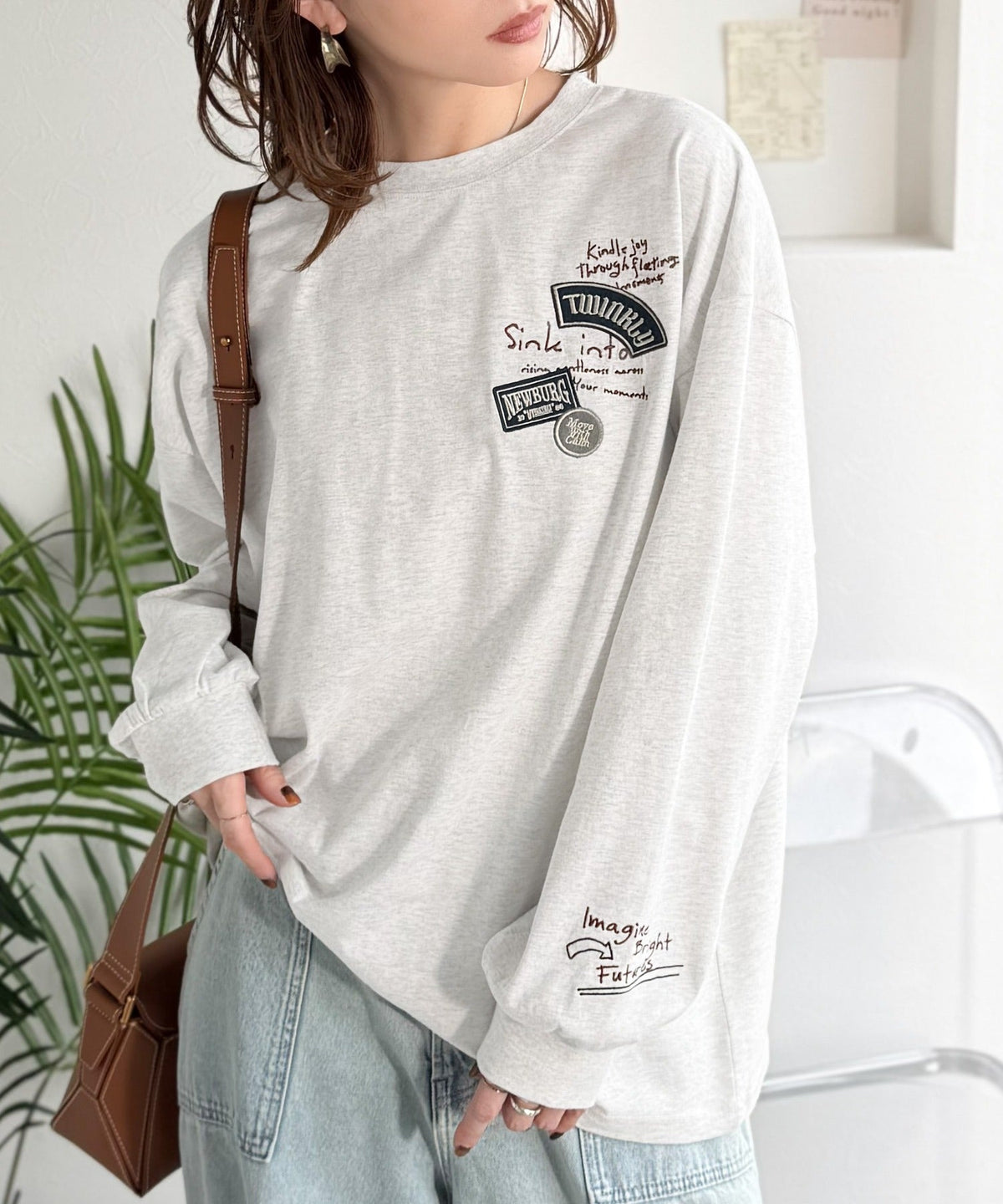 ゆるさの中に「ちょうどいい」お洒落感！綿100％刺繍ワッペンドルマンロンTEE（長袖） ce1260619