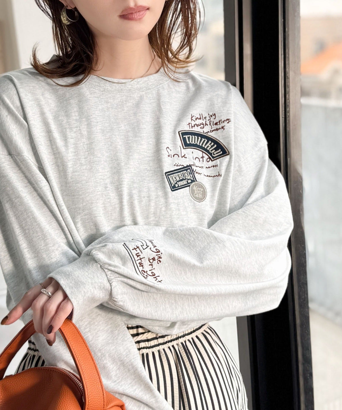 ゆるさの中に「ちょうどいい」お洒落感！綿100％刺繍ワッペンドルマンロンTEE（長袖） ce1260619