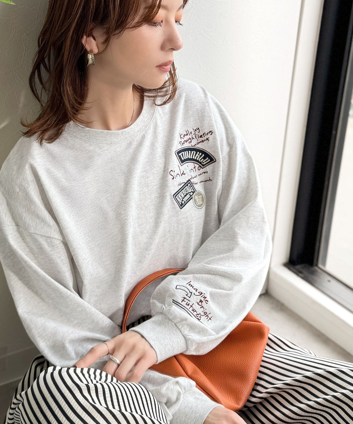 ゆるさの中に「ちょうどいい」お洒落感！綿100％刺繍ワッペンドルマンロンTEE（長袖） ce1260619