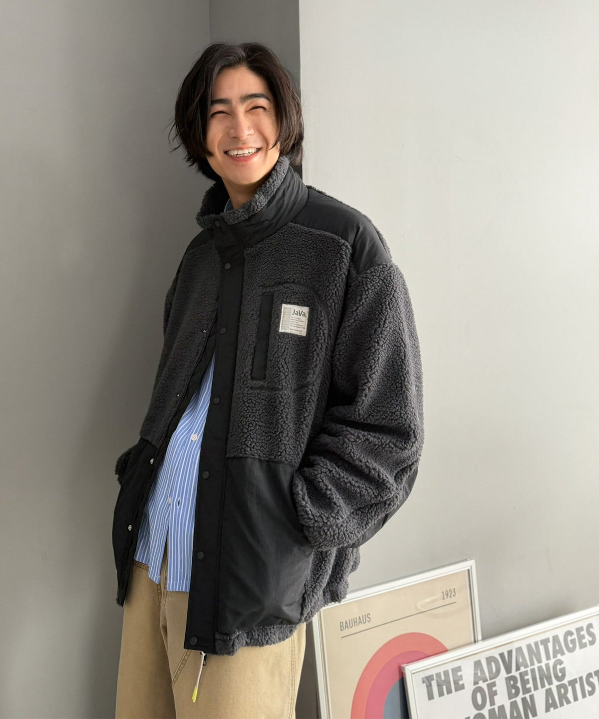 《JaVaジャバコラボ》レトロムード漂う、首元まで暖か。異素材切替えダブルジップボアブルゾン jm1265092